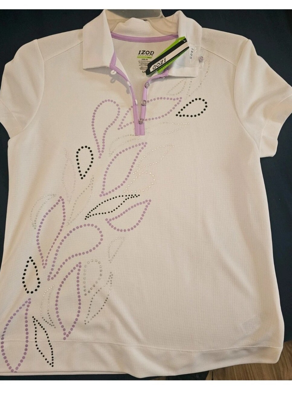 Izod White Short-Sleeve Polo with Lilac and Black Leaf Motif
